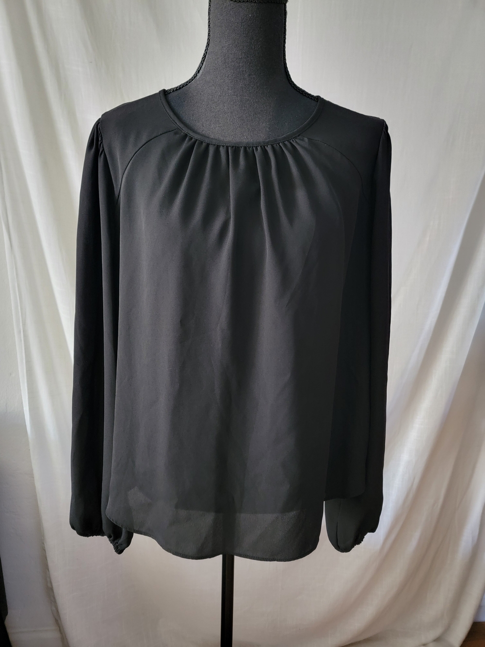 Sincerely Jules Black Long-Sleeve Gathered Neck Blouse